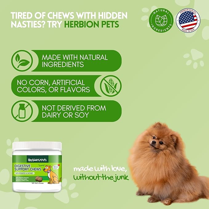 Herbion Pets Digestive Support Chews with Probiotics and Enzymes, 120 Soft Chews - with Daily Digestive Enzymes - for Improved Gut Health - Minimum 2 Billion CFUs - Made in USA - for Dogs 12 Weeks+