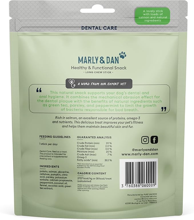 Marly & Dan Dental Care Chew Sticks, 5-in-1 Benefits for Dental and Immune System Health, Salmon, Peppermint & Green Tea, Chew Treats for Dogs (Dogs 12-26lbs)