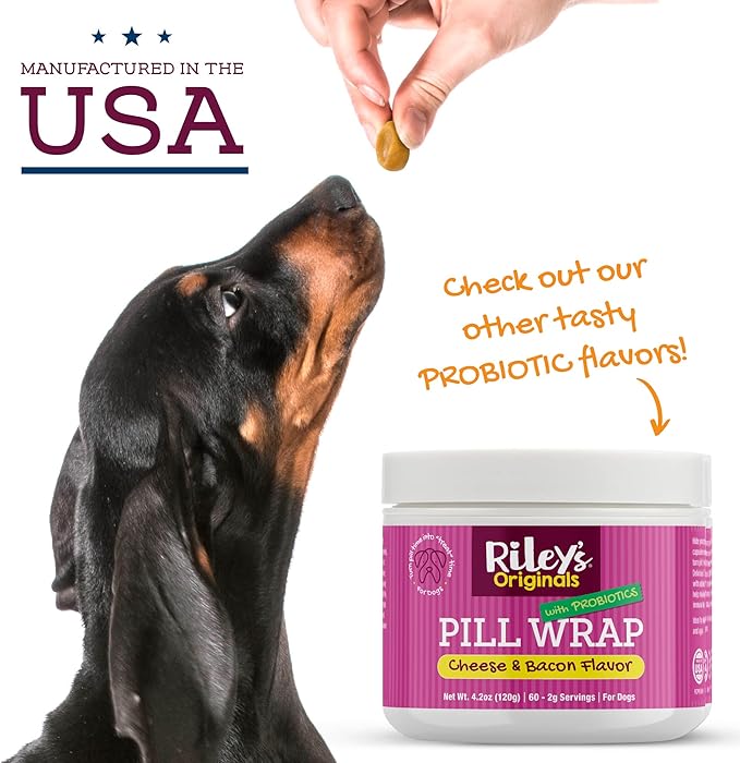 Riley's Pill Wrap for Dogs with Probiotics - Delicious Bacon Flavored Pill Paste for Dogs - Wrap Pills, Capsules, & Tablets in a Pocket or Pouch to Mask The Taste & Make Medication Time Fun - 4.2 oz