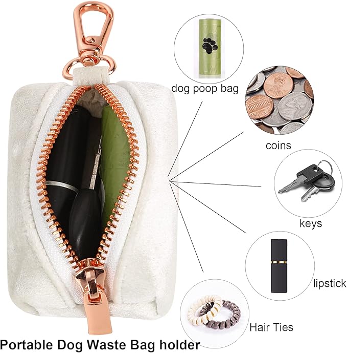 ARING PET Velvet Dog Waste Bag Holder, White Doggy Poop Bags Dispenser Attach to Any Leashes, Portable Washable Pet Waste Pouch Dispenser with Metal Zipper