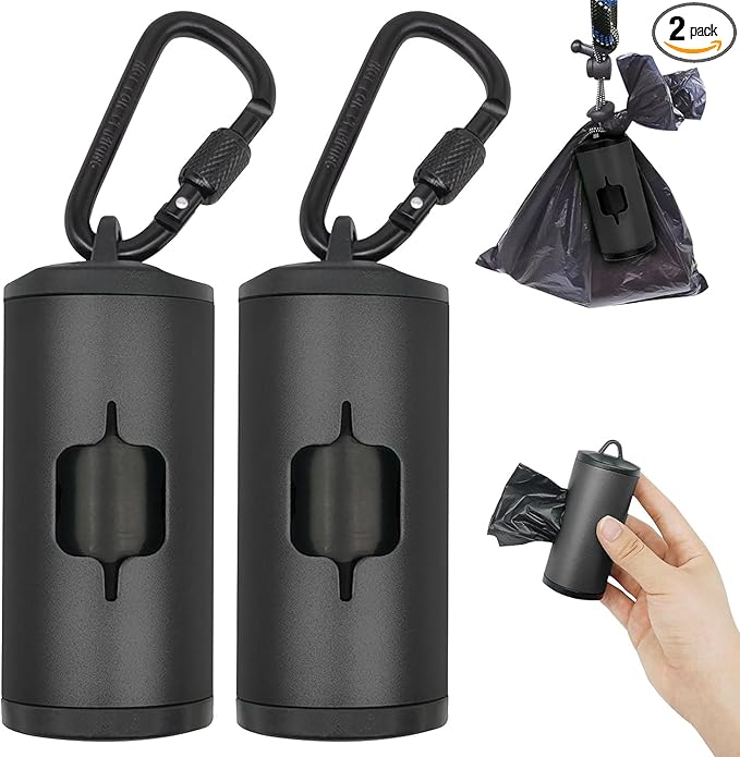 2 Pack Metal Dog Poop Bags Holder Aluminum Poo Bags Dispenser with 30 Black Unscented Pet Waste Bags and 3 Leash Accessories for Dog Walking(2 Holders 30 Bags,Black)