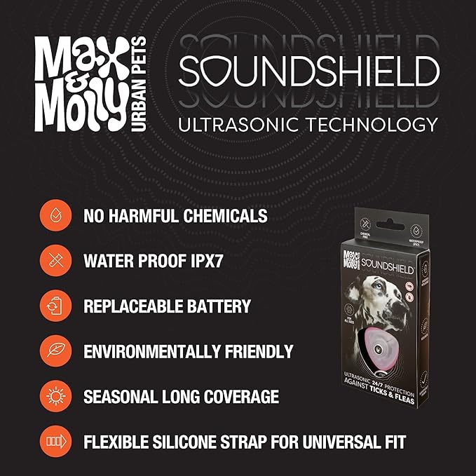 Max & Molly Pest Prevention for Dogs & Puppies of Any Size, Shield Tag for Dog Collar, Safe and Easy Pet Defense Through Soundshield Ultrasonic Tech (Rose)