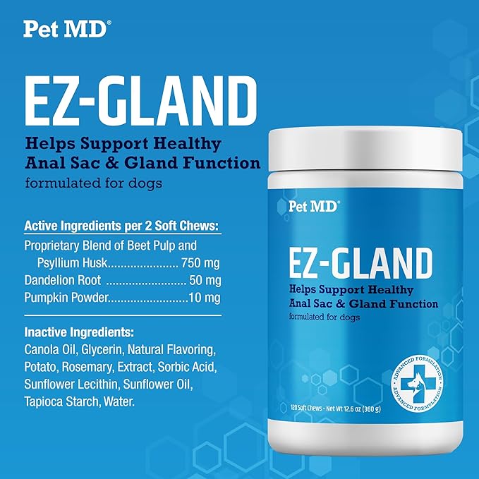 Pet MD EZ Gland - Dog Anal Gland Chews with Pumpkin and Fiber for Dogs for Digestive Support, Constipation Relief, and Stool Firmer - 120 ct Soft Chews
