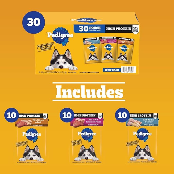 Pedigree High Protein Adult Soft Wet Dog Food Variety Pack, 3.5 oz Pouches, 30 Count