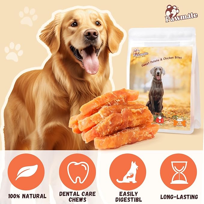 Dog Treats Chicken Wrapped Sweet Potato Fries with Taurine, Gluten Free Grain Free Training Snacks for Small Medium Large Dogs, Skinless Sweet Potato Stripes & Chicken Bites Chewy