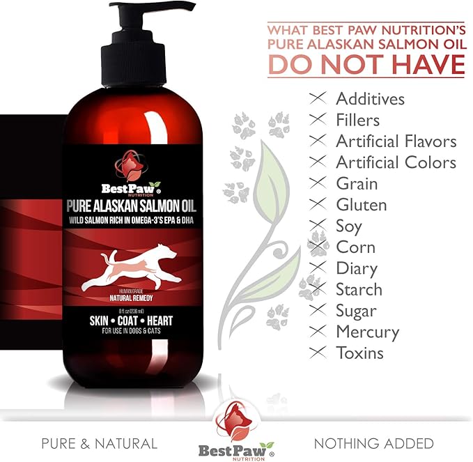 Pure Wild Alaskan Salmon Oil for Dogs & Cats Skin and Coat - Fish Oil Liquid with Pump - Supports Joint Function, Immune & Heart Health - Omega 3 Liquid Food Supplement - All Natural EPA + DHA - 8oz