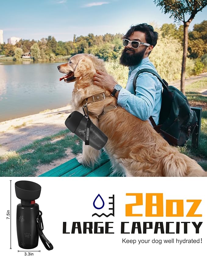 Dog Water Bottle with Bowl, 28 oz Portable Dog Water Dispenser, Pet Water Bottle for Small & Medium Dog, Travel Dog Water Bowl, Flippable Cup, Food Grade Material, Leak Proof, Black
