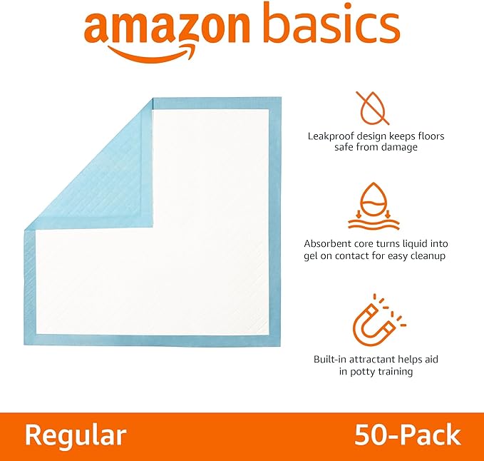 Amazon Basics Dog and Puppy Pee Pads with Leak-Proof Quick-Dry Design for Potty Training, Heavy Duty Absorbency, Regular Size, 24 x 23 Inches, Pack of 50, Blue & White