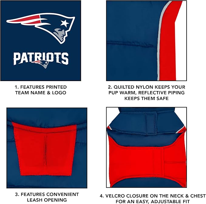 NFL New England Patriots Puffer Vest for Dogs & Cats, Size Large. Warm, Cozy, and Waterproof Dog Coat, for Small and Large Dogs/Cats. Best NFL Licensed PET Warming Sports Jacket