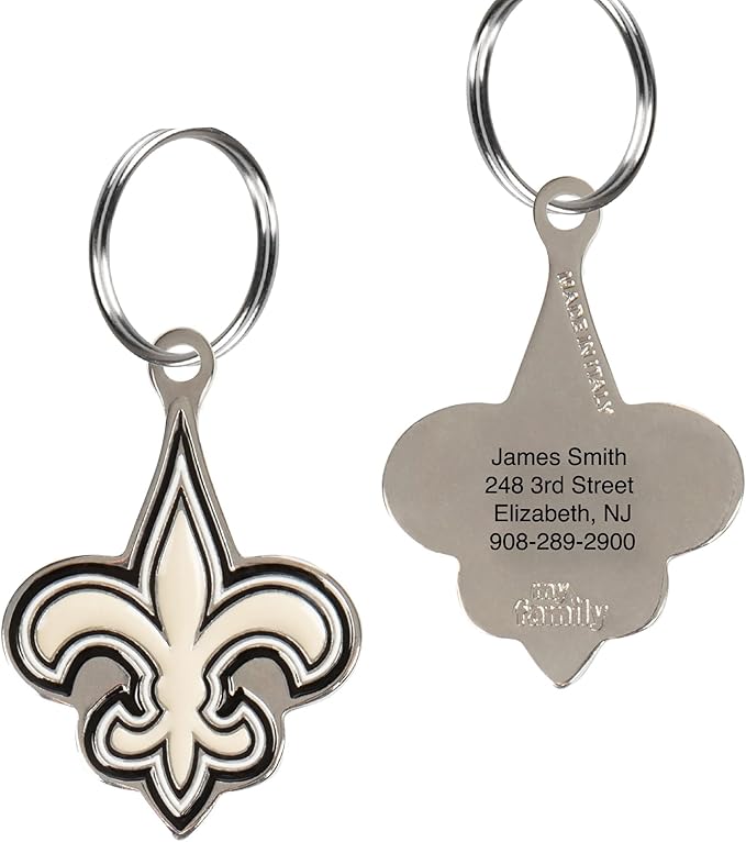 NFL New Orleans Saints Engraving Pet ID Tags in 32 Team Logo Shapes Personalized Dog Tags and Cat Tags with 3 Lines of Customizable Text for Tracking & Safety. Stainless Steel Pet ID Tracking Tags