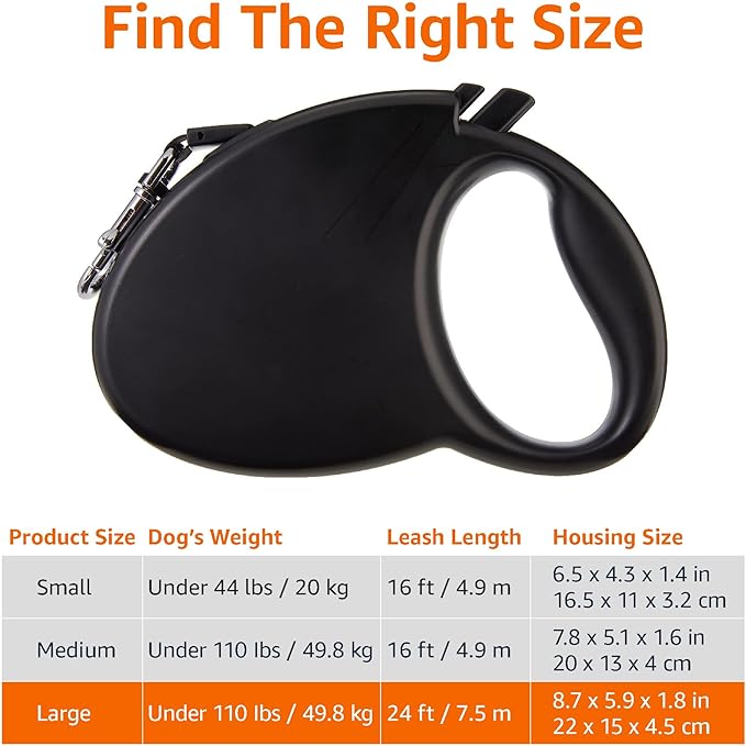 Amazon Basics Retractable Dog Leash, Large - 24ft, Black