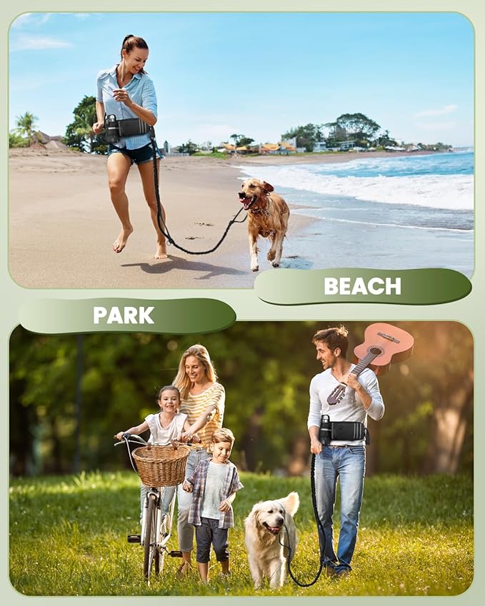 Hands Free Dog Leash for Medium and Large Dogs with Waist Belt Pouch, Dog Running Leash for Training Hiking Jogging Running Walking with Double Handle Bungee | Reflective Stitches Black