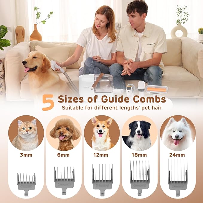 Dog Grooming Vacuum Kit, 3L Pet Grooming Vacuum with 7 Pet Grooming Tools, Dog Vacuum for Shedding Grooming at Home with Low Noise Electric Clipper and Brush, White