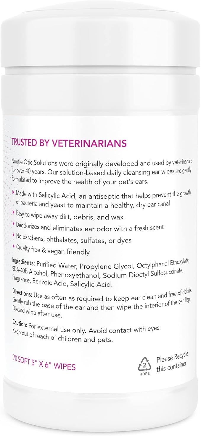 Nootie Dog & Cat Ear Wipes with Salycyclic Acid- Japanese Cherry Blossom - 70 Wipes - Vegan Friendly - Sold in Over 5000 Vet Clinics