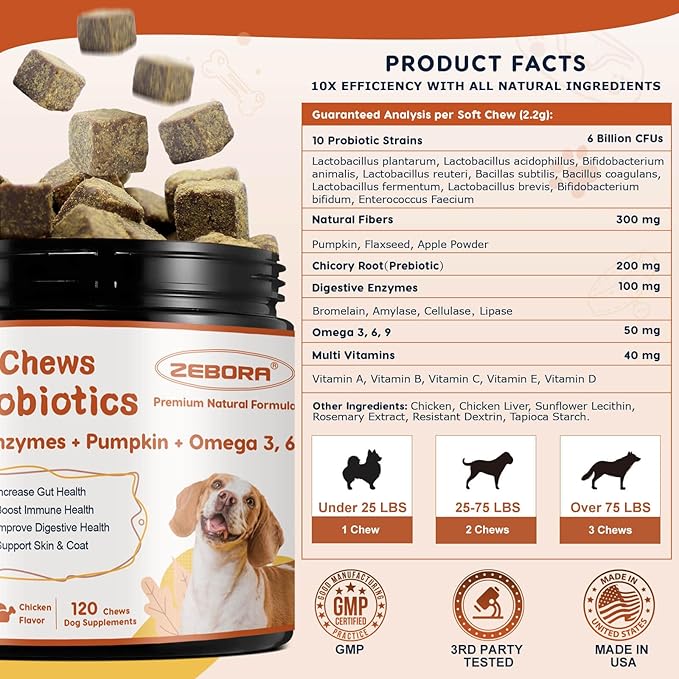 Probiotics for Dogs Dog Probiotics for Digestive Enzymes Health with pumpkin, Fish Oil, Enzymes, Supports Gut & Immune & Itchy - 105 Soft Chews