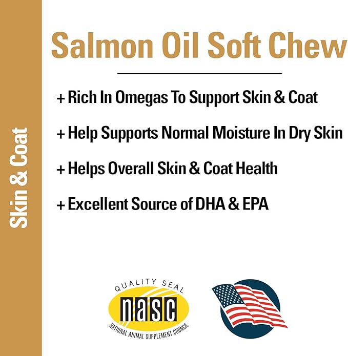 Vet Classics Salmon Oil Pet Supplement for Healthy Skin, Glossy Coats – Dog Coat Supplement, Cat Skin Supplement – Includes Omega-3, 6, 9, Source of DHA, EPA – Soft Chews 90 Ct.