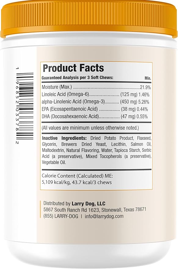 Salmon Oil for Dogs Skin and Coat by Larry | Dog Supplements for Itchy Skin & Allergy Relief | Omega 3, 4, DHA, & EPA for Skin, Coat, Bone, & Joint Health | for All Breeds & Sizes, (120 Soft Chews)