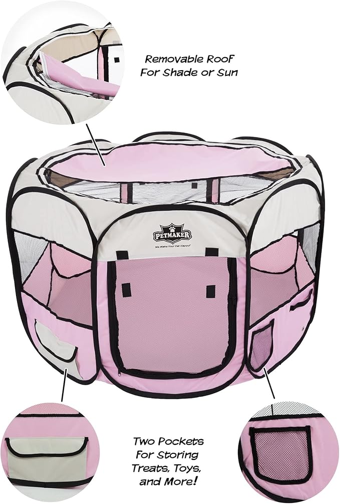 Pet Playpen - 38x24 Pop-Up Dog Kennel with Carry Bag - Portable Play Pen for Dogs, Cats, Rabbits, and Small Animals up to 25lbs by PETMAKER (Pink)