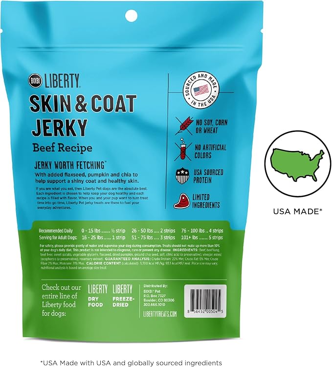 BIXBI Liberty Skin & Coat Support Beef Liver Jerky Dog Treats,5 oz-USA Made Grain Free Dog Treats-Antioxidant Rich to Support Shiny,Full Bodied Coats-High in Protein,Whole Food Nutrition,No Fillers
