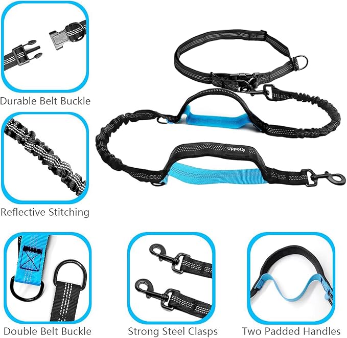 Hands Free Dog Running Leash with Adjustable Waist Belt, Dual Handle Elastic Bungees Retractable Rope for Medium and Large Dogs, Reflective Stitches for Walking Hiking Biking