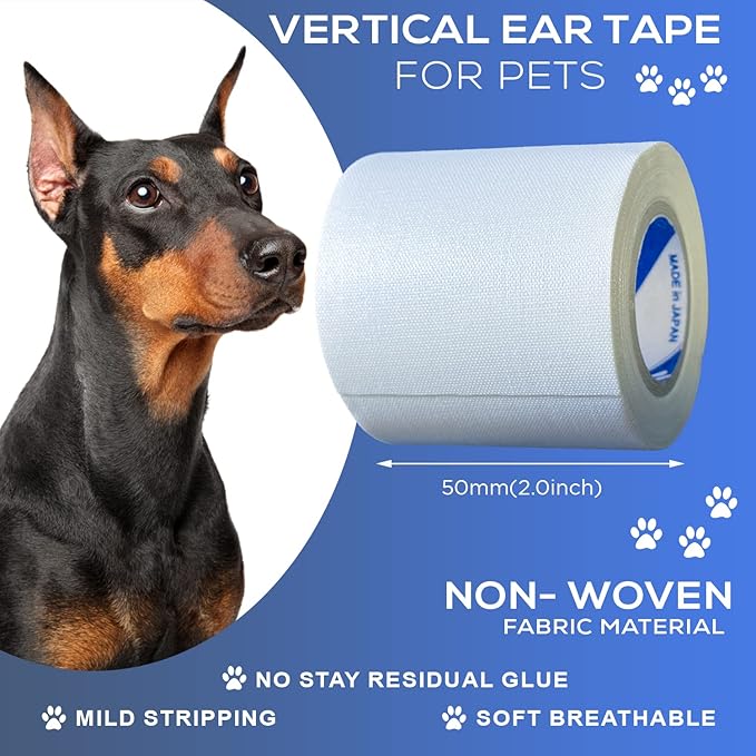 Ear Tape for Dogs 1 Pack with Dog Ear Cleaner Cotton Swabs, Self Adhesive Cotton Tape for Dog Ear Protection and Support, Ear Care Set for Dogs (2.0 inch (50 mm))