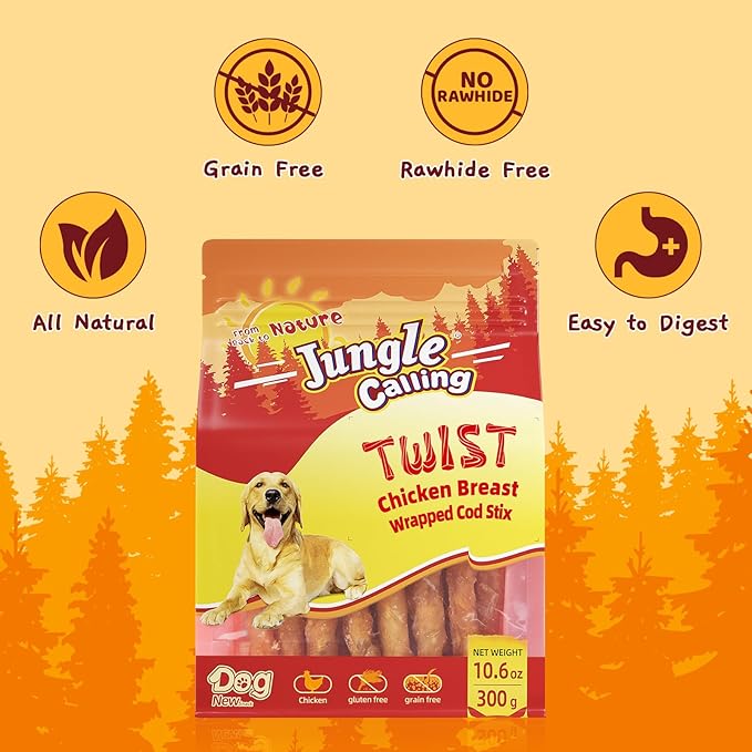 Jungle Calling Rawhide Free Healthy Treats for Dogs, Chicken Wrapped Cod Sticks Dog Treats, Soft Chewy Treats for Training Rewards, 10.6 oz (Chicken)