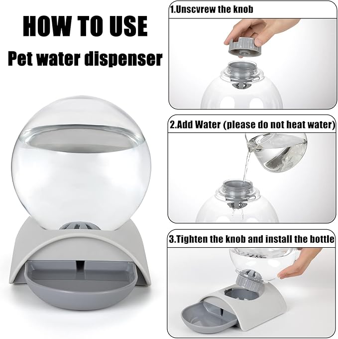 Pet Water Dispenser, 2.8L Automatic Gravity Cat Water Dispenser for Cats, Dogs & Rabbit, Detachable Cat Dog Water Dish Feeder with Spherical Waterer Bubble, Grey