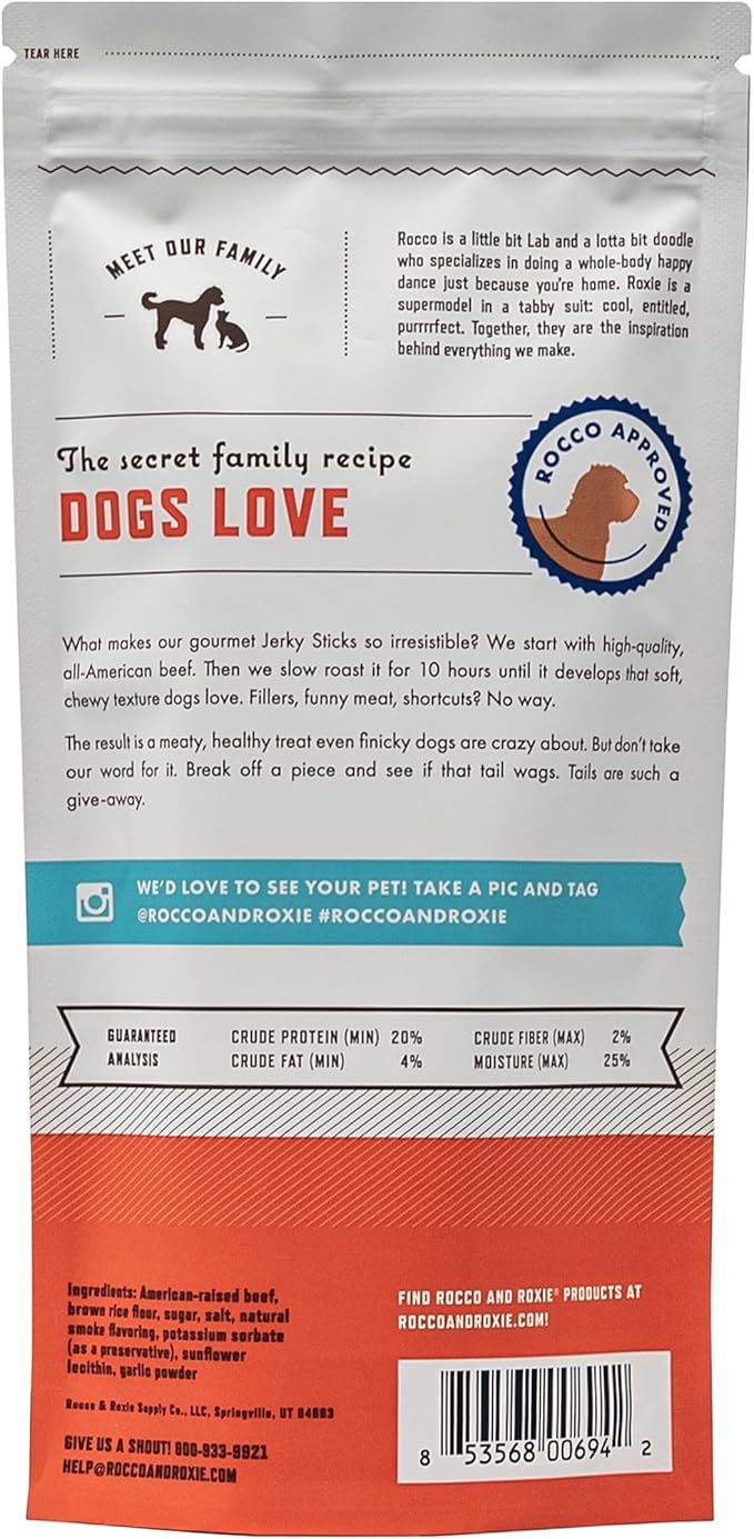 Rocco & Roxie Jerky Dog Treats - Slow Roasted Beef Sticks for All Breed Sizes - 170g Bag