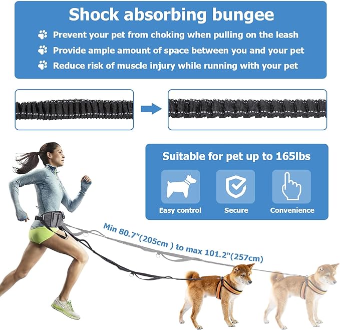Ownpets Hand Free, Elastic Shock-Absorbing Dog Leash & Dog Running Leash Belt, Dog Waist Zipper Pouch with Soft Padds, Pockets, Ideal for Walking, Jogging, Hiking, Training Dogs
