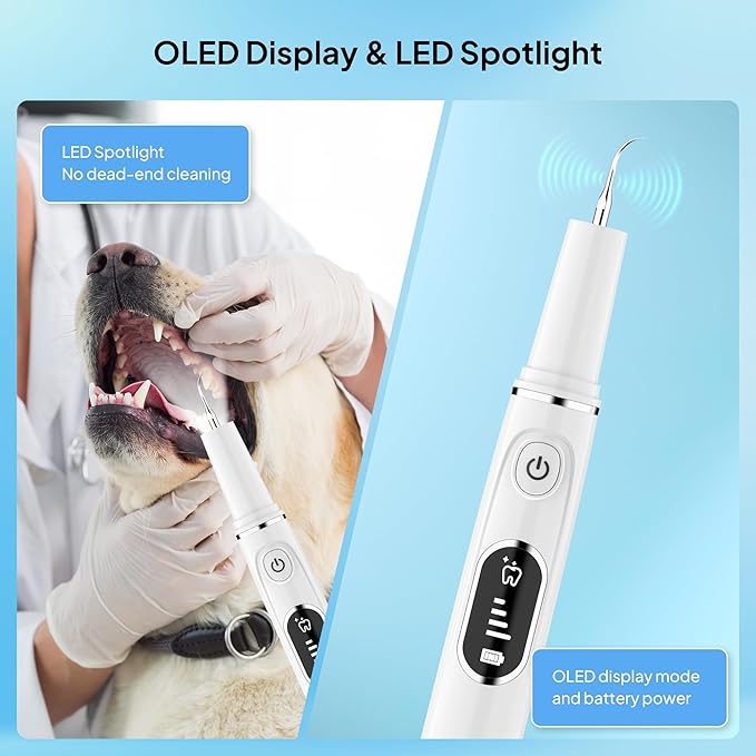 AAU Dog Plaque/Tartar Remover for Teeth - Rechargeable Safe Pets Ultrasonic OLED Screen Tooth Brushing Kit for Canine/Cat/Dog Teeth Cleaning, with Canident Dog Tartar Remover, 3 Replacement Heads