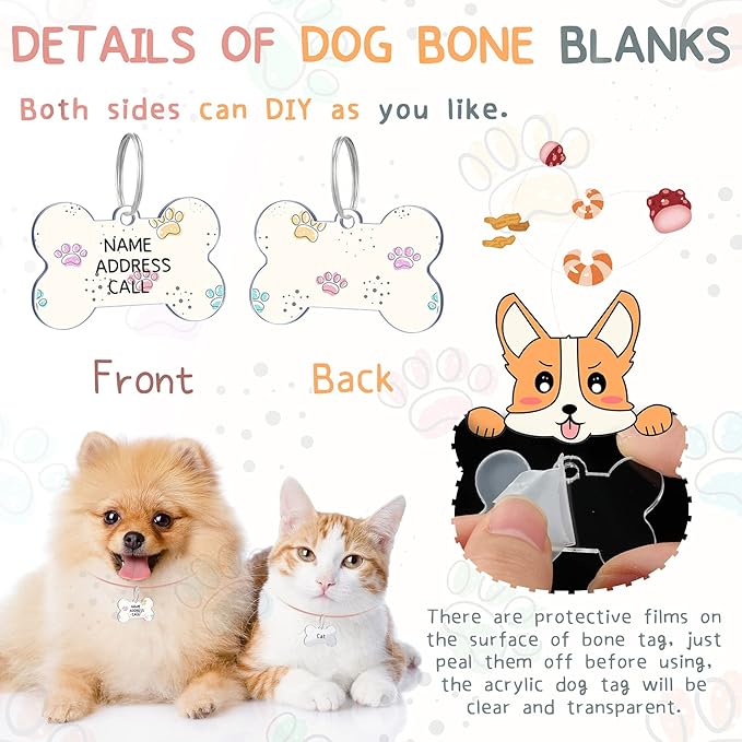 24 Pieces Blank Acrylic Dog Tag Bone-Shaped Acrylic Dog ID Tags with 24 Pieces Key Chain Rings for DIY Dogs and Cats Pet Name Number Tags Crafts Decorations, 1.49 x 1 Inch