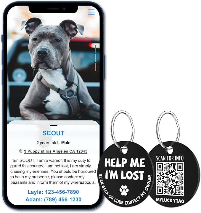 MYLUCKYTAG Stainless Steel QR Code Pet ID Tags Dog Tags - Pet Online Profile - Scan QR Receive Instant Pet Location Alert Email