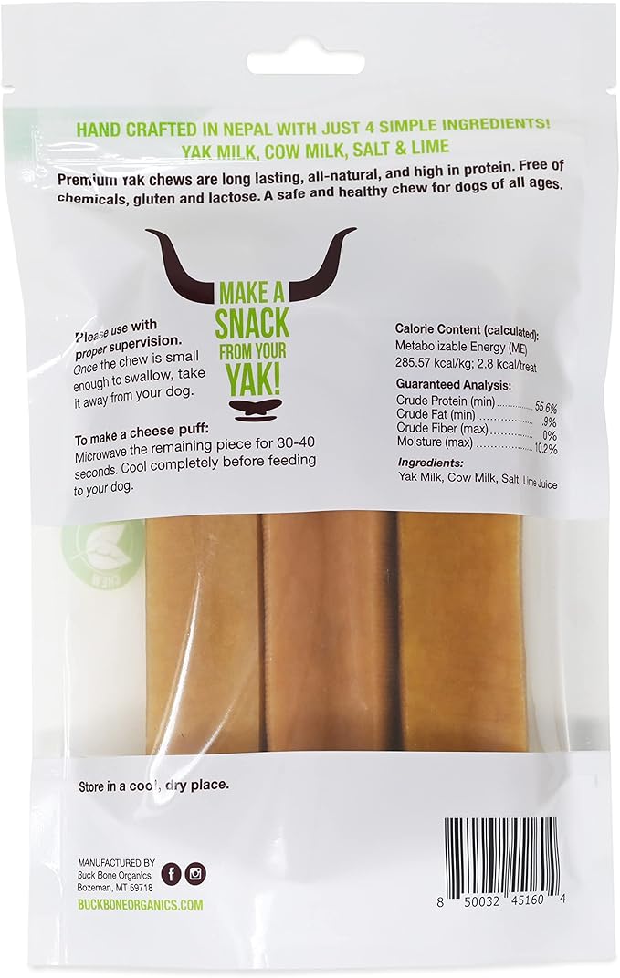 Buck Bone Organics Yak Cheese Chews for Dogs, All Natural Himalayan Yak Chew, Long Lasting Pet Treats, Odor Free, with Limited Ingredients (3 Large Sticks)