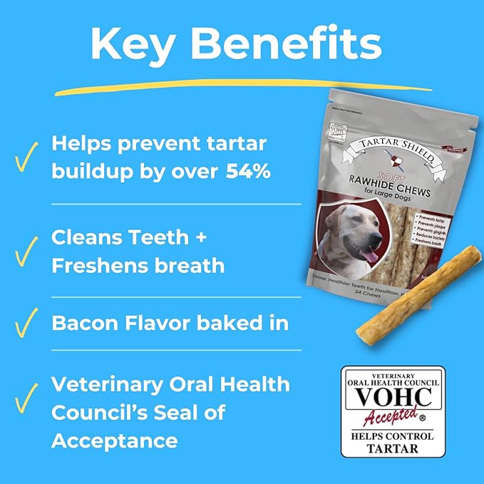 Soft Rawhide Chews | Safe Dental Treats for Large Dogs | Vet VOHC Approved | Daily Bone Cleans Teeth & Gums Fresh Breath Oral Health Support | USA Made | (Large Dogs / 8 Count)