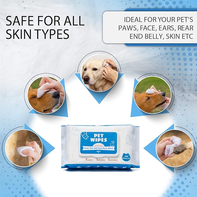 Dog Wipes for Pets Cats-100 Count All Purpose Unscented Wet Wipes for Paw Butt Cleaning,Grooming,AlcoholFree,Vitamin E,pH Balanced, 100% Natural