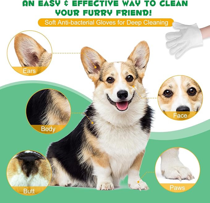 Cleaning Gloves for Dog and Cats,8PCS,Cleaner Wipes Fur Pet For Ears, Face, Paws, Coat and Skin,Nourish Fur Coconut Oil Grooming Cleaner Wipes Pet Bathing Gloves Wipes for Daily Care and Traveling