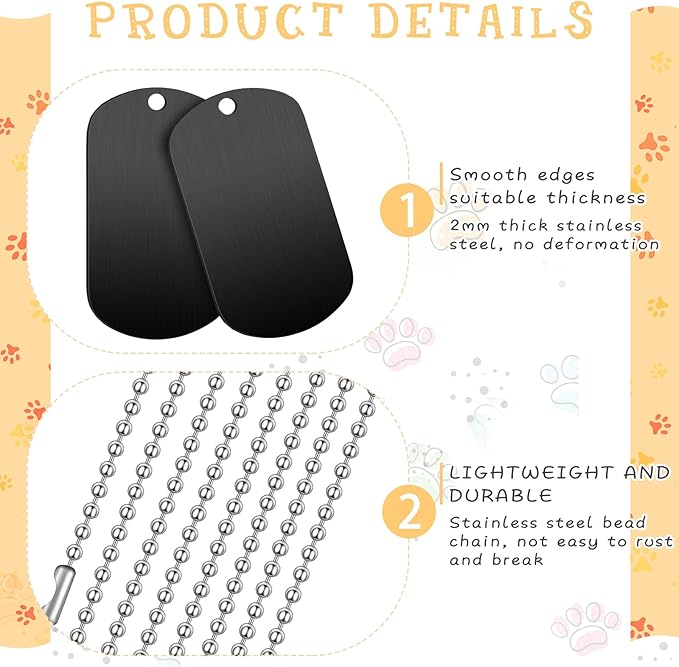 20 Pieces Military Dog Tags Set Including 10 Stainless Steel Army Blank Dog Tag 10 Steel Chain Personalized Pets Tags Oval Pendant Necklace for Stamping Engraving DIY Craft(Black)