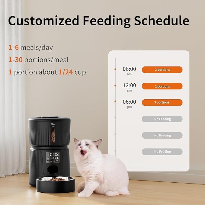 Petory Automatic Cat Feeder - 6 Meals Automatic Cat Food Dispenser with Slow Feeding for Cats and Small Dogs, Dual Power Supply Including Desiccant Bag