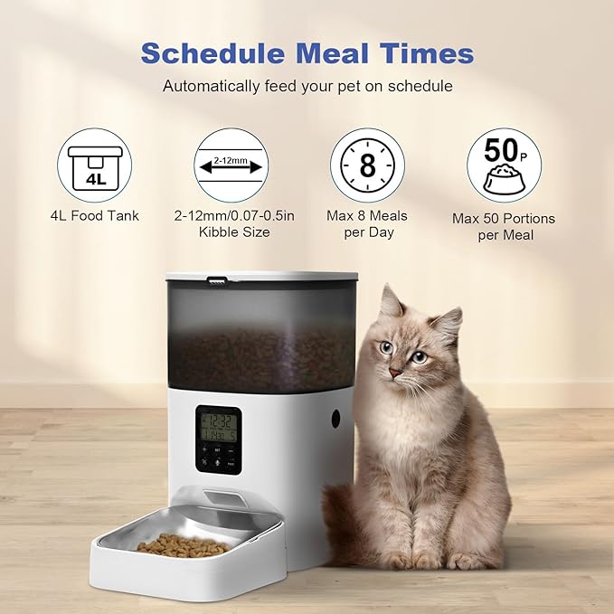 Automatic Cat Feeder, Cat Food Dispenser with 10s Voice Recorder, Pet Feeder up to 8 Meals per Day, Timed Cat Feeder with Dry Food Sealed Ring(White, 4L)