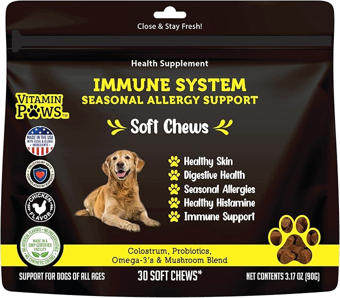 Allergy and Itch Skin Supplement | Immune Support Chews with Probiotics, Turmeric, Omega 3, Colostrum | Dog Chews for Gut & Digestive Health, Seasonal Allergies, Nose Congestion