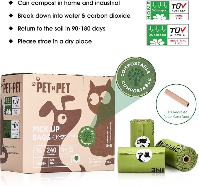 Pet N Pet Poop Bags For Dogs, 240 Counts Plant Based Dog Poop Bags Rolls, Dog Bags For Poop, Thick Dog Poop Bag Rolls, Doggy Poop Bags, 100% Leak-proof Easy to Use Pet Poop Bags