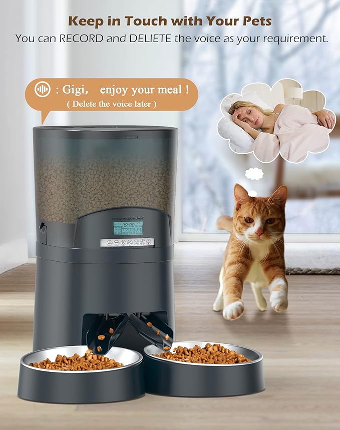 HoneyGuaridan Automatic Cat Feeders 2 Cats, 2.4G WiFi Smart Pet Feeder with APP Control for Cats and Dogs Dry Food Dispenser with 2 Stainless Steel Bowl, Desiccant Bag, 10s Voice Recorder (6.5L, Blue)