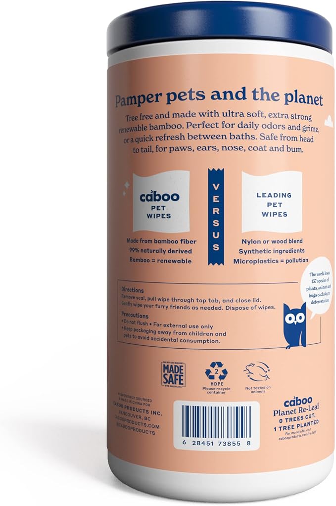 Caboo Tree Free Pet Wipes for Dogs & Cats | Natural, Earth Friendly, Deodorizing, Hypoallergenic Cleaning Wipes for Eyes, Ears, Paws, & Face (Unscented, 2 Canisters, Total of 140 Jumbo Wipes)