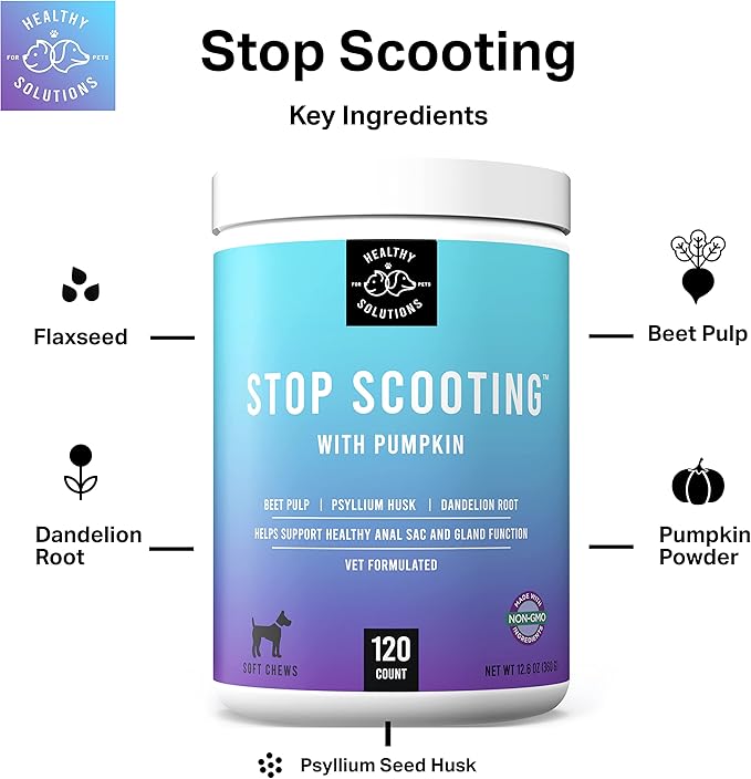 Dog Fiber Soft Chews Supplement - Stop Scooting Digestive Formula Enhanced with Pumpkin, Psyllium Husk, & Beet Pulp - Supports Dogs Healthy Anal Gland, Stool & Constipation - Made in USA, 120 ct