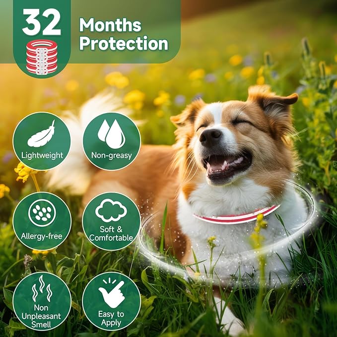 4 Pack Flea Collar for Dogs, 32 Months Flea and Tick Prevention for Dogs, Adjustable Flea and Tick Collar for Dogs, Dog Flea and Tick Collar, Water-Resistant Dog Flea Collars, Red & White