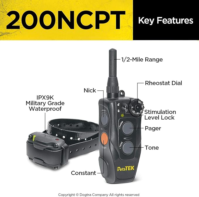 Dogtra 200NCPT Electronic Dog Training Collar with Remote for Small Dogs to Large Dogs - 2640 ft range, Vibration, Tone, 100 Stimulation Levels, Safety Lock, Waterproof, Rechargeable, PetsTEK Edition