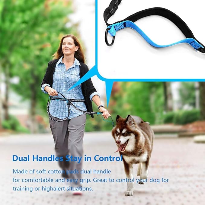 Hands Free Dog Running Leash with Adjustable Waist Belt, Dual Handle Elastic Bungees Retractable Rope for Medium and Large Dogs, Reflective Stitches for Walking Hiking Biking