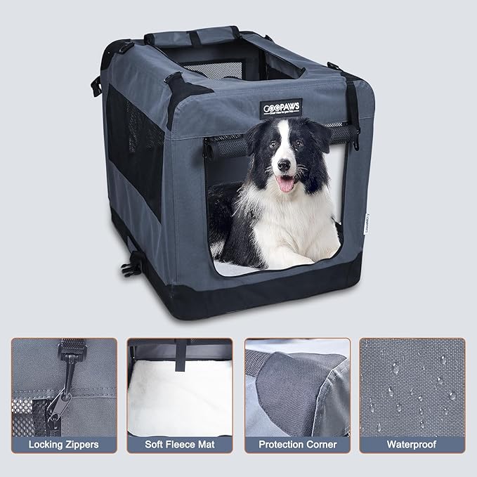 JESPET 36'' Soft Pet Crates Kennel, 3 Door Soft Sided Folding Travel Pet Carrier with Straps and Fleece Mat for Dogs, Cats, Indoor/Outdoor Use with Black (36" L x 24" W x 27" H, Grey)