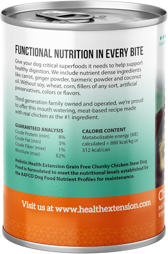 Health Extension Wet Dog Food Canned, Gluten & Grain-Free, Natural Food for All Puppies & Dogs with Added Vitamins & Mineral, Chucky Chicken Stew (12.5 Oz / 374 g) (Pack of 12)
