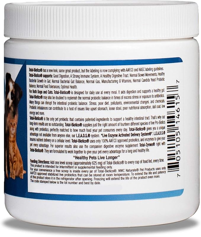 Total-Biotics Advanced Probiotic Powder for Dogs and Cats, With Pre-Biotics, Dog and Cat Probiotics, Immune and Digestive Support. 2.22-ounce Jar by NWC Naturals (14615)